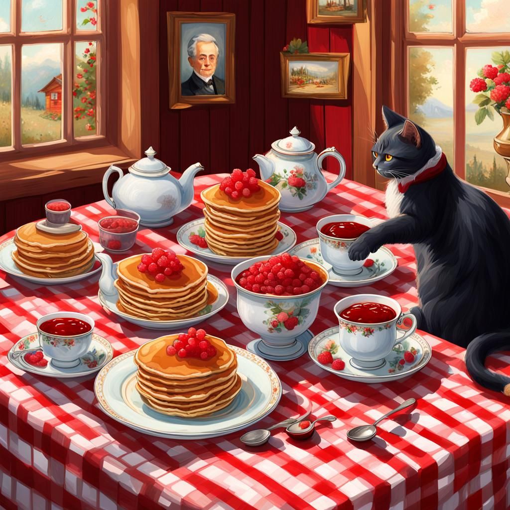 Pancakes, Cat, and Caviar Still Life