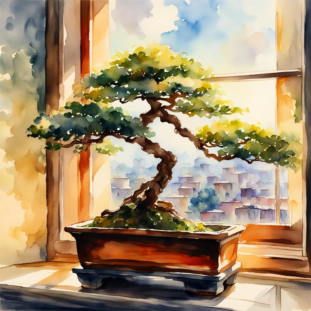 Bonsai Tree on Window Sill in Watercolor Style
