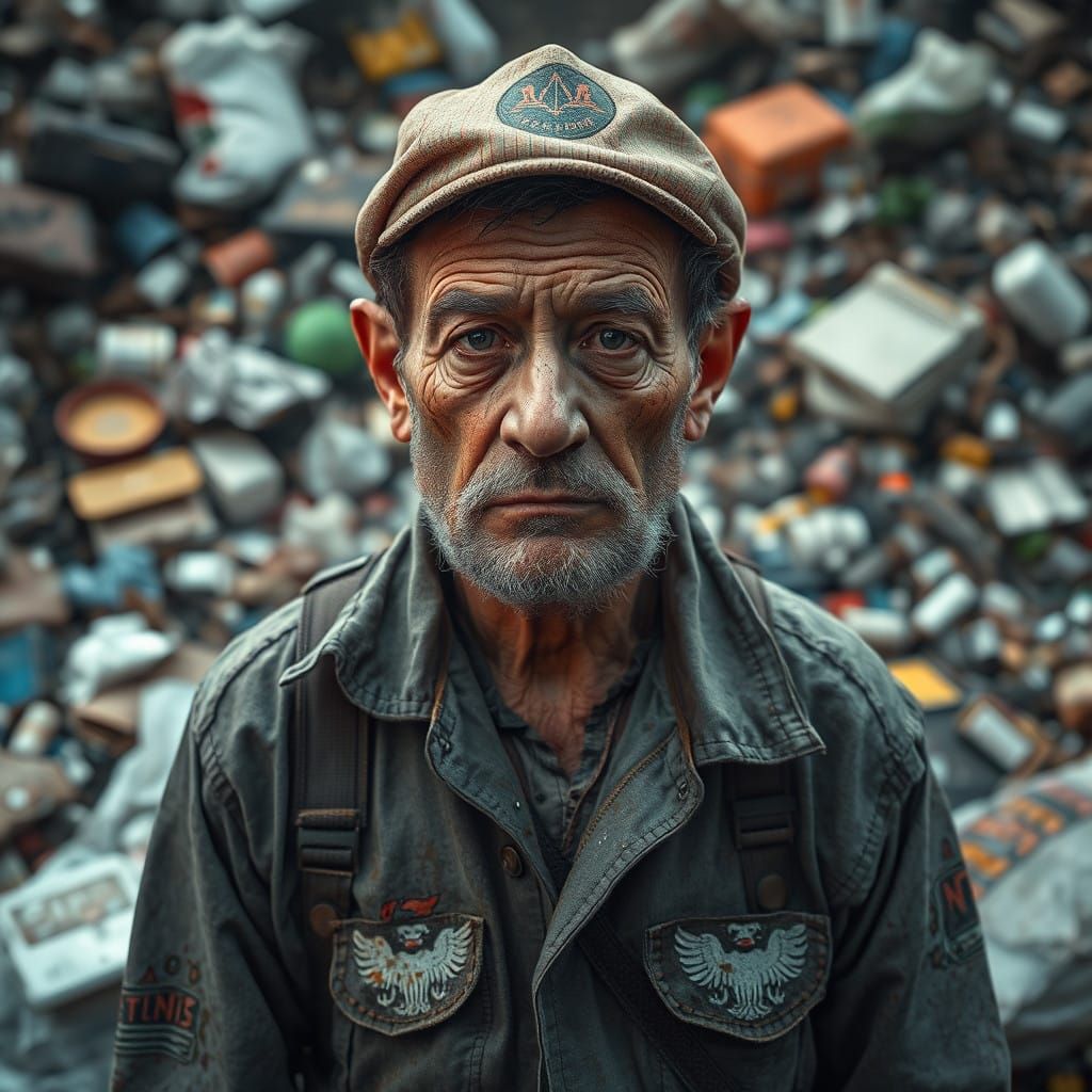 Weary Garbage Collector Amidst Dystopian Trash Landscape in...