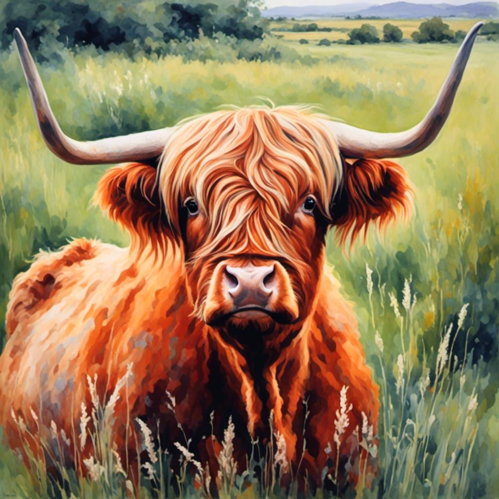 Highland cow in a grass field