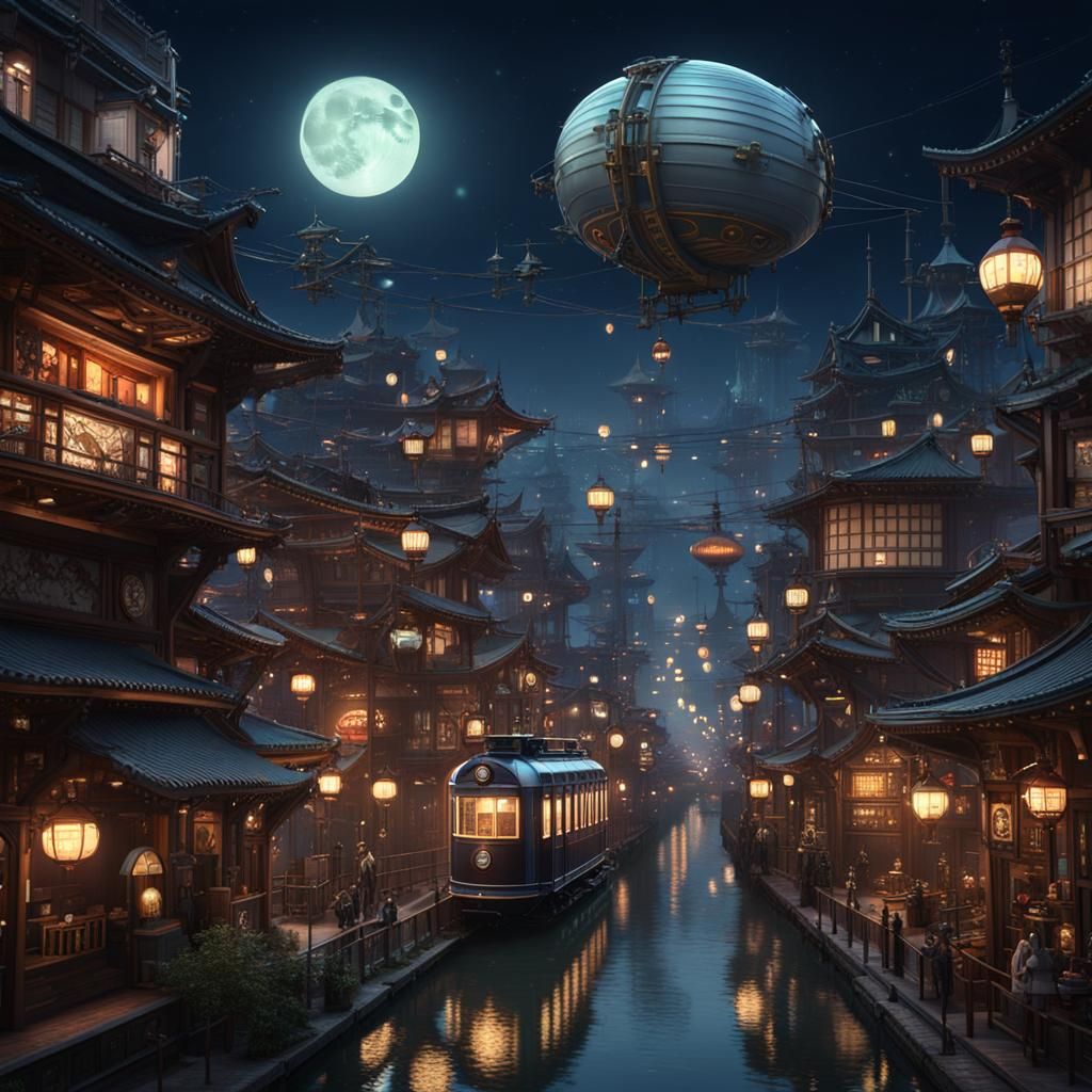 Japanese Steampunk City at Night: Fantasy Concept Art