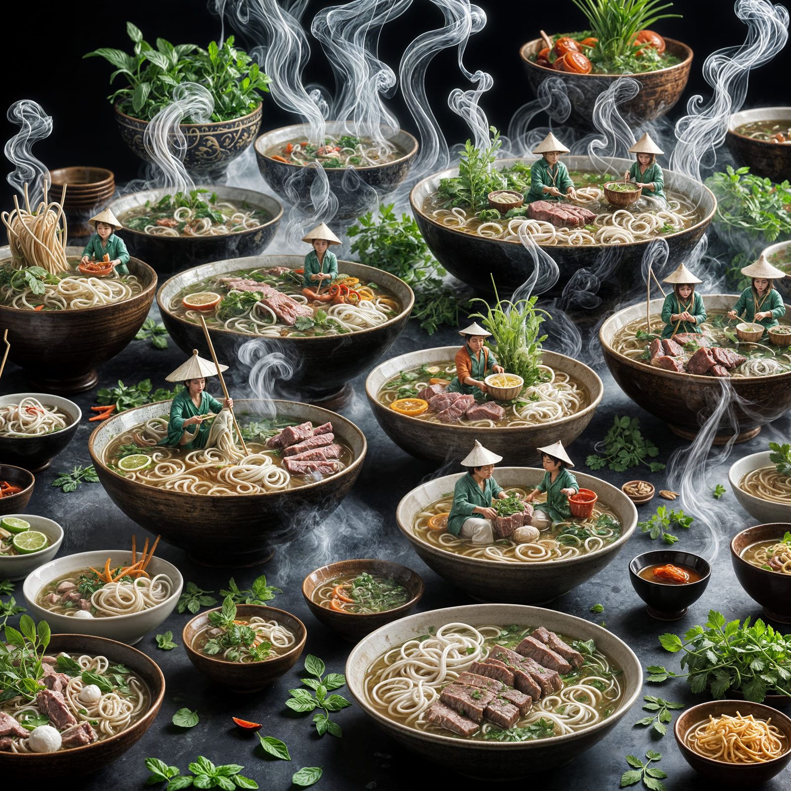 Miniature People Sailing Giant Bowls of Pho