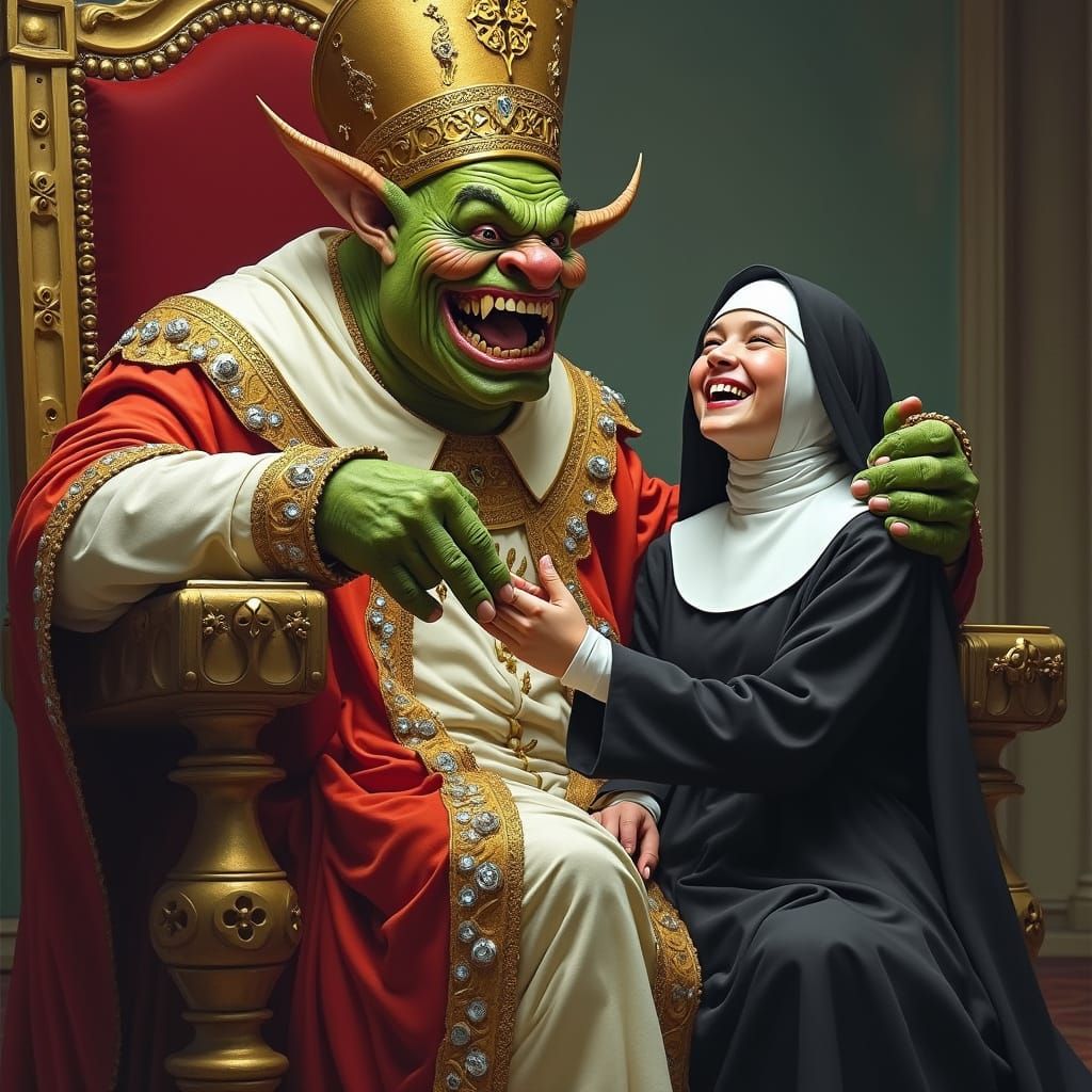 Jovial Orc in Bishop's Regalia Tickles Giggling Nun