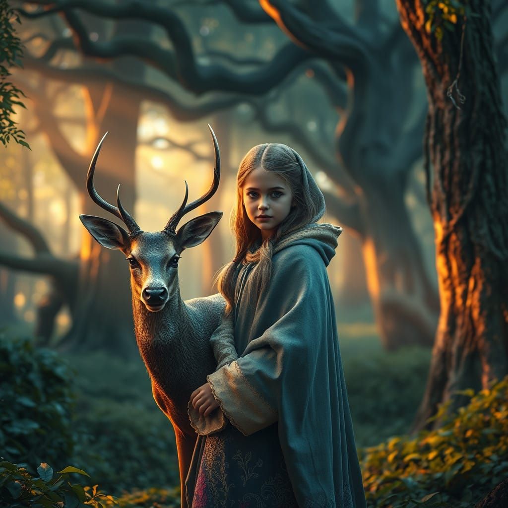 Majestic Girl and Deer in Enchanted Forest
