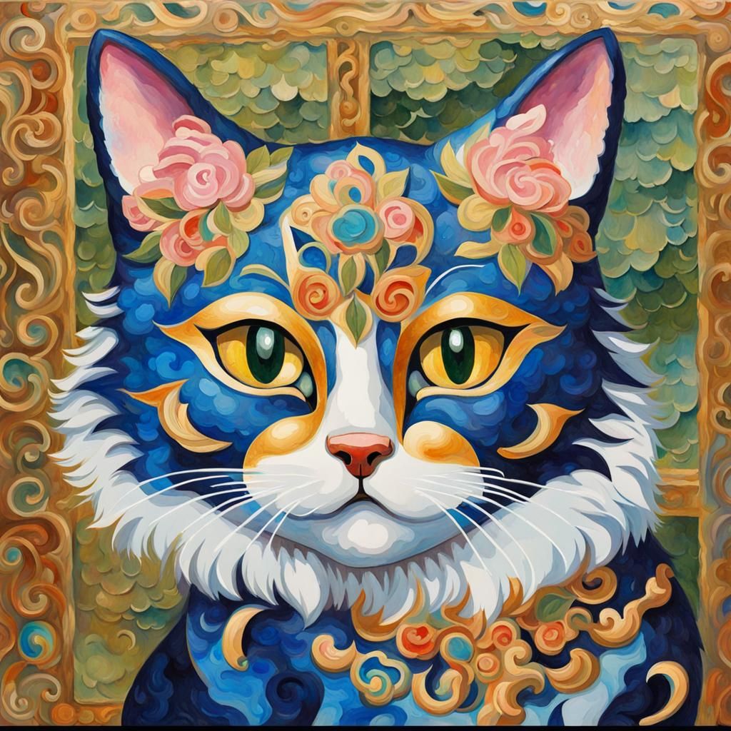 Ornate Kitty Cloisonné in Gouache Watercolor Style