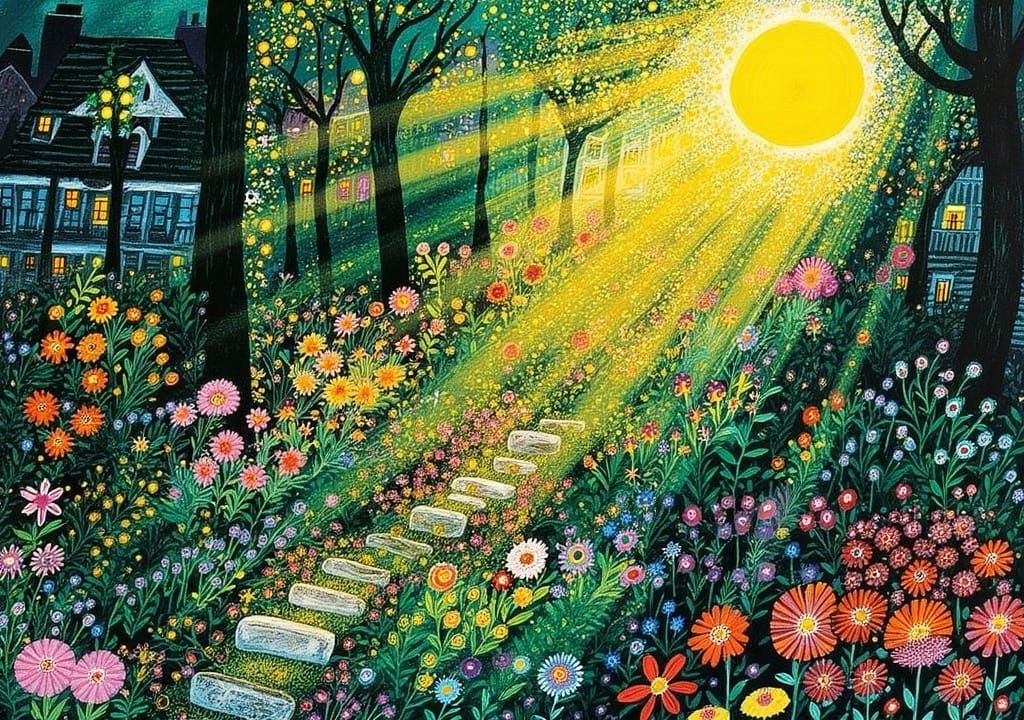 Sunlit Garden Oasis with Whimsical Illustrations