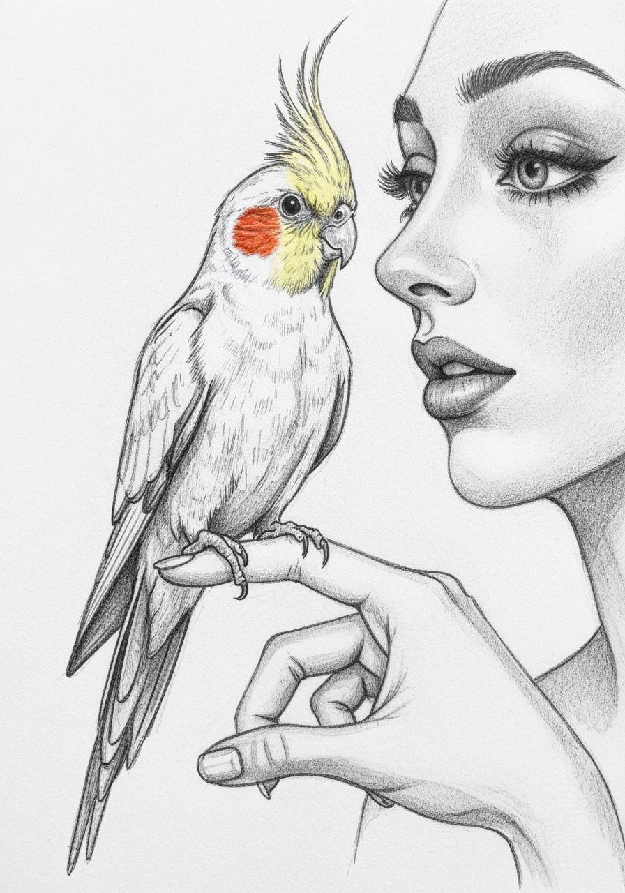 Cockatiel on Finger: Detailed Pencil Sketch