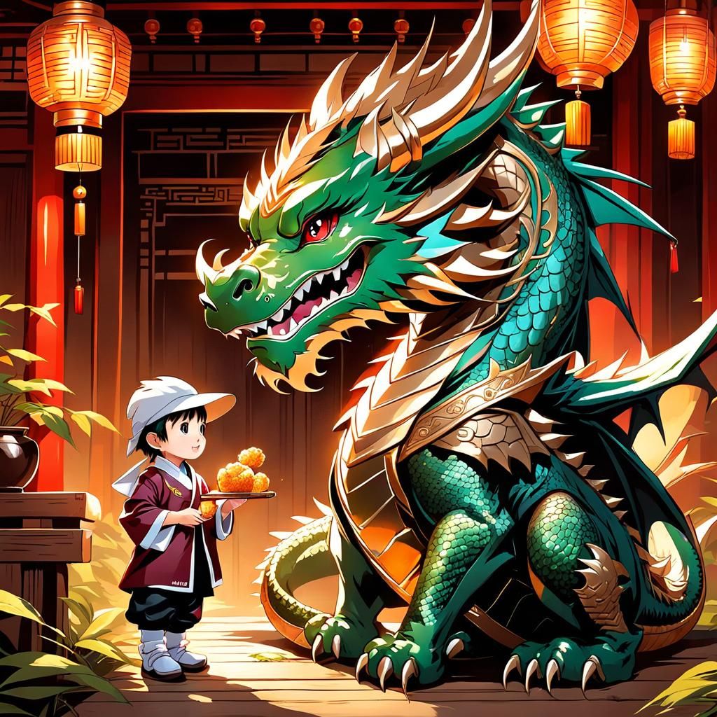 Anime Dragon and Toddler in Ancient Chinese Style