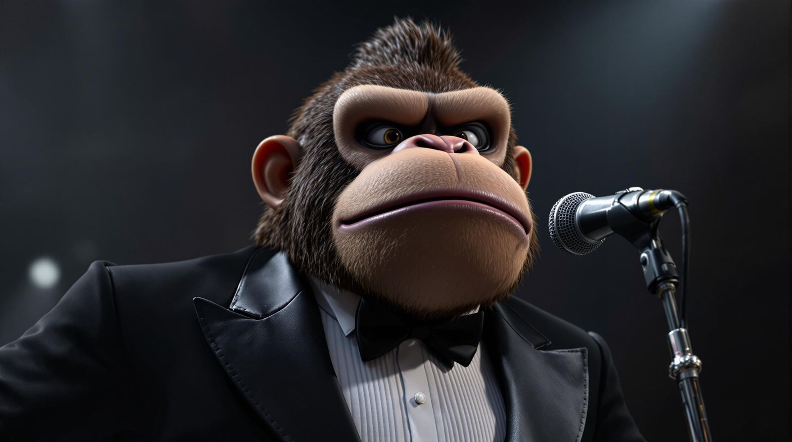 Hyperrealistic Donkey Kong Performs on Stage in Tuxedo