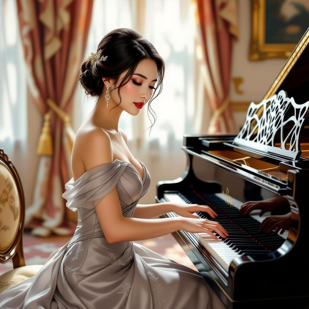 Rapturous Asian Woman Plays Piano in Ornate Room