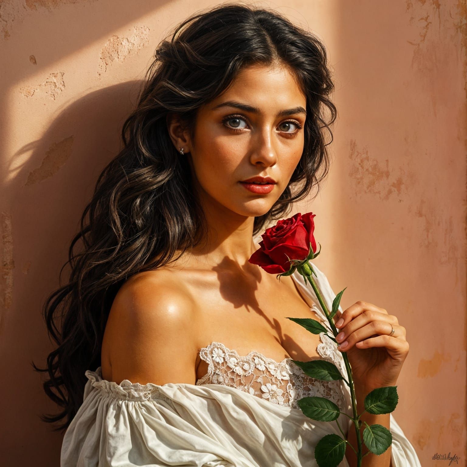 Italian Woman with Rose, Hyperrealistic Oil Painting