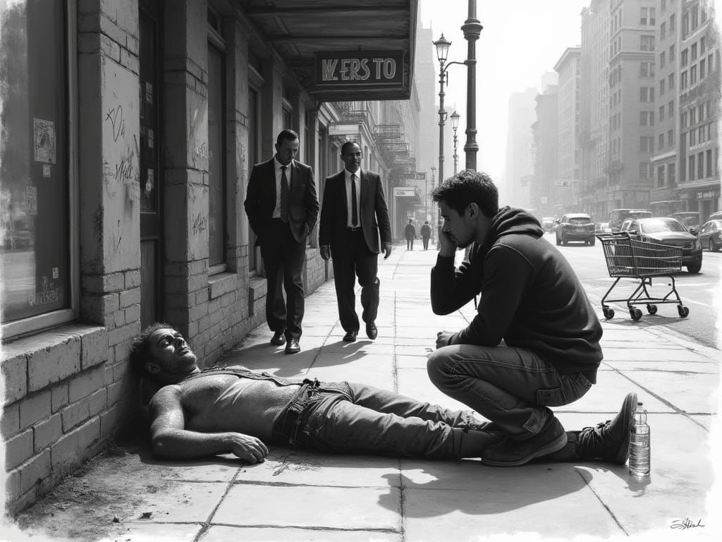 Gritty Urban Samaritan: A Charcoal Rendering