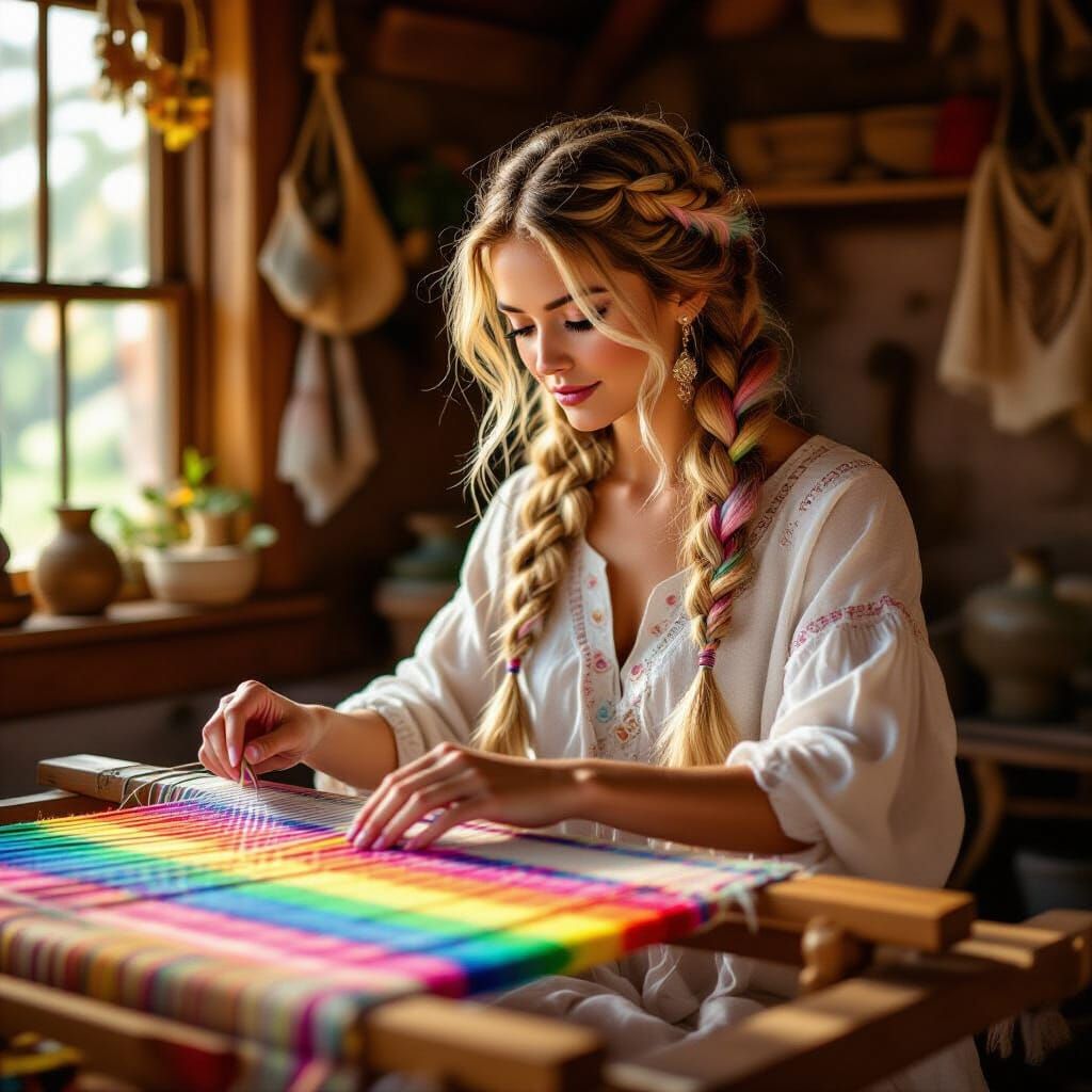 Woman Weaving Rainbow on Loom in Golden Hour Light