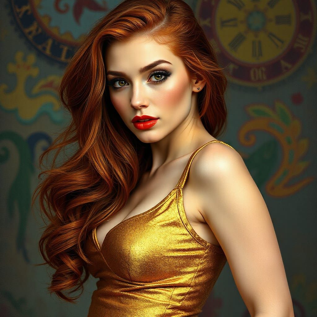 Voluptuous Redhead in Gold Dress: Hyperrealistic Portrait