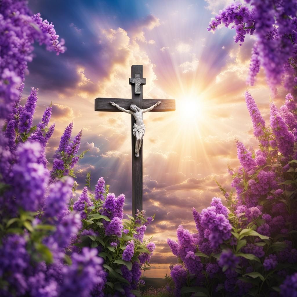 Crucifix Surrounded by Flowers in Divine Light
