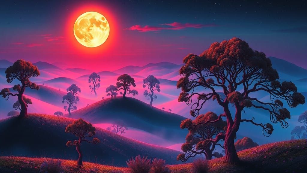 Surreal Dreamscape at Night with Iridescent Mist and Etherea...