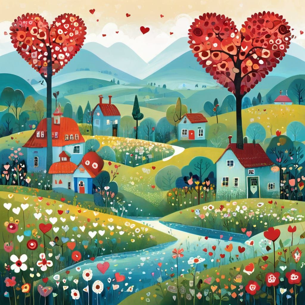 Whimsical Heart-Shaped Bloom Landscape