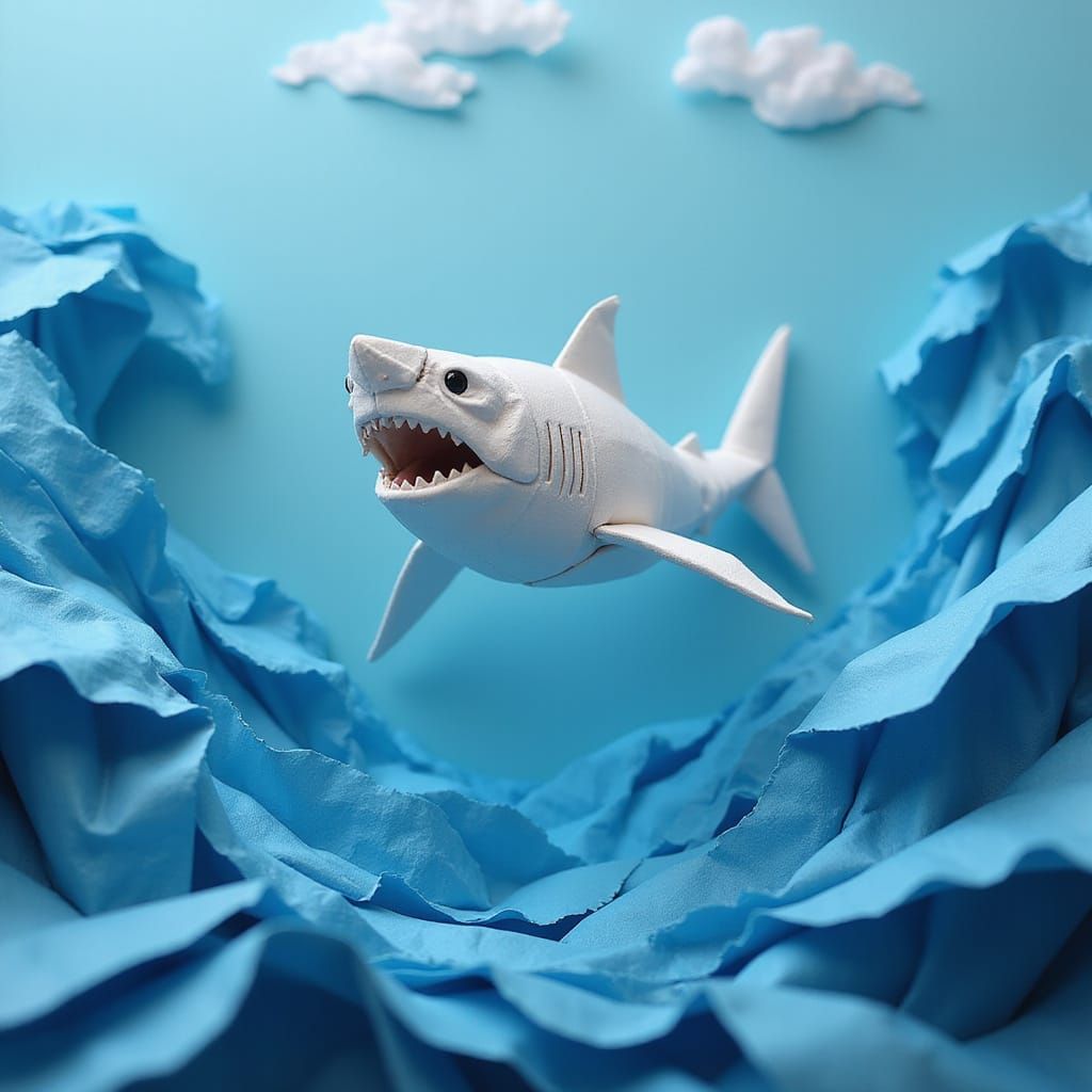 Origami Shark Glides Through Origami Ocean