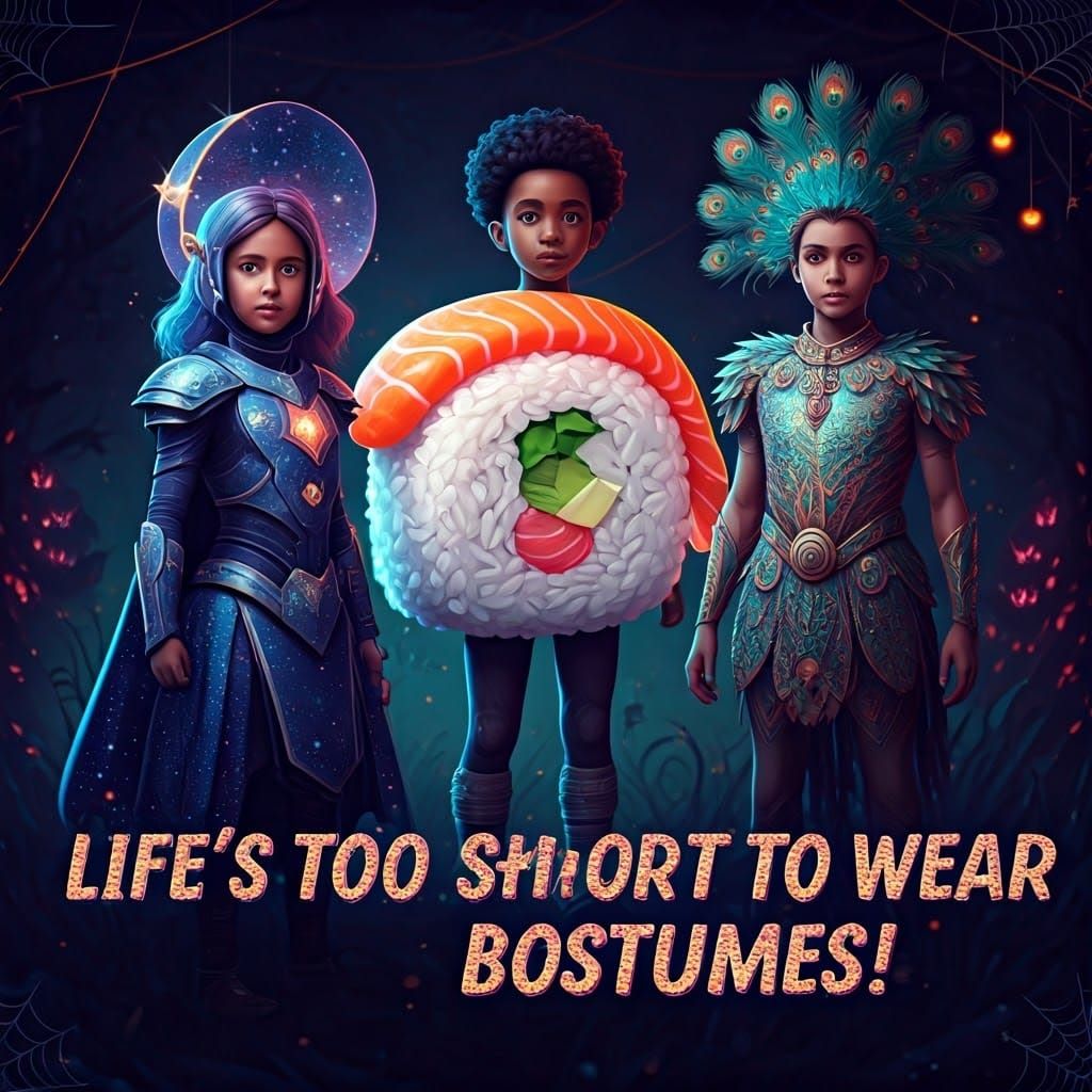 Halloween Scene with Creative Costumes in Neon Colors