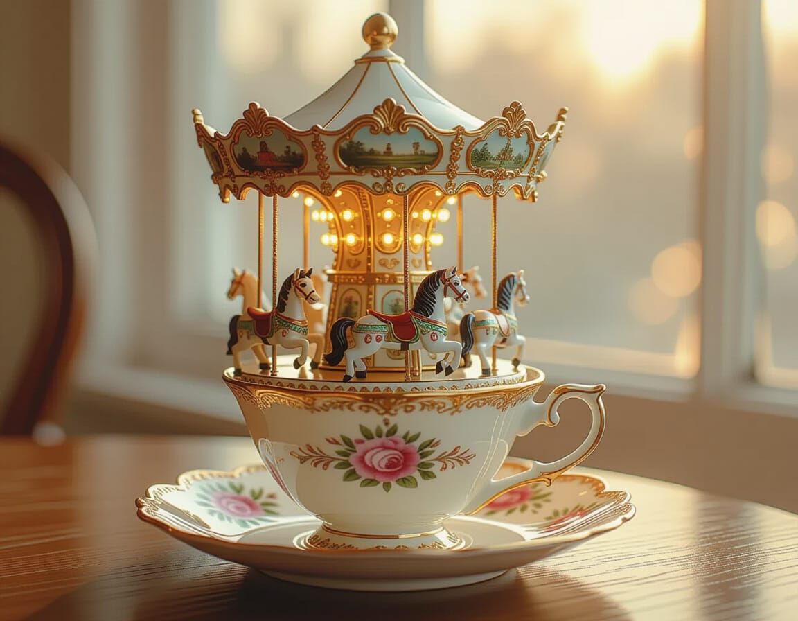 Antique Carousel Teacup Scene in Storybook Style