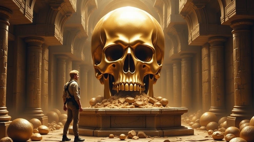 Muscular Soldier Examines Golden Skull in Ancient Temple