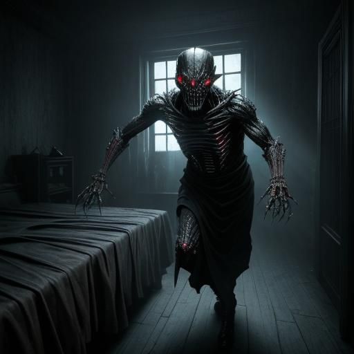 Grotesque Demon with Machete Emerging from Darkness