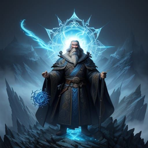Wise Wizard on Mountain Peak Fantasy Art