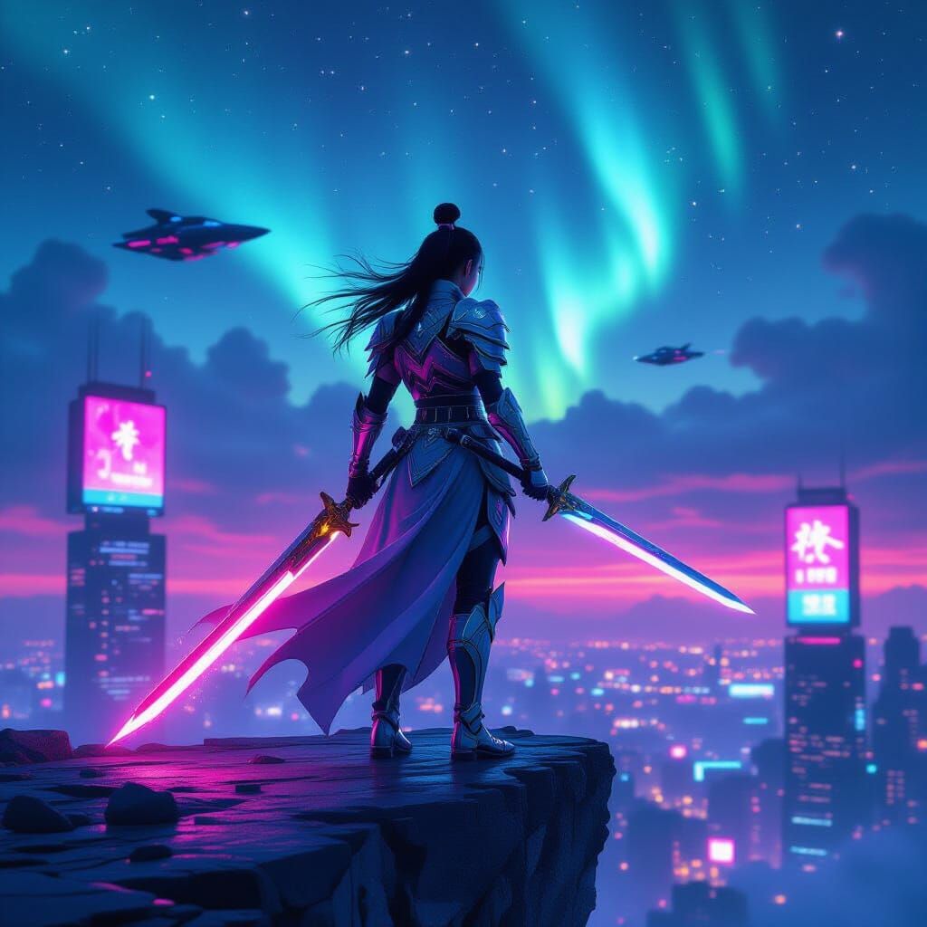 Cyberpunk Warrior with Cosmic Sword, Hyperreal Graphics