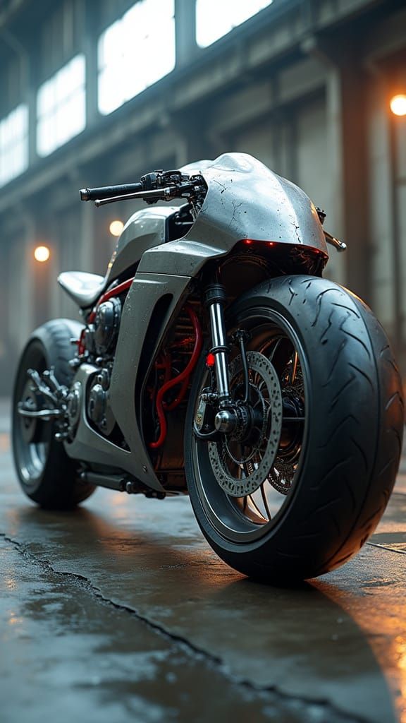 Futuristic Silver Motorcycle in Industrial Hangar