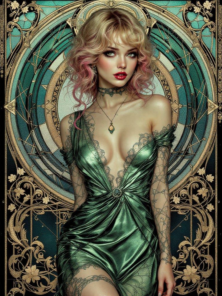 Art Nouveau Pin-Up Woman with Jewel-Toned Glow