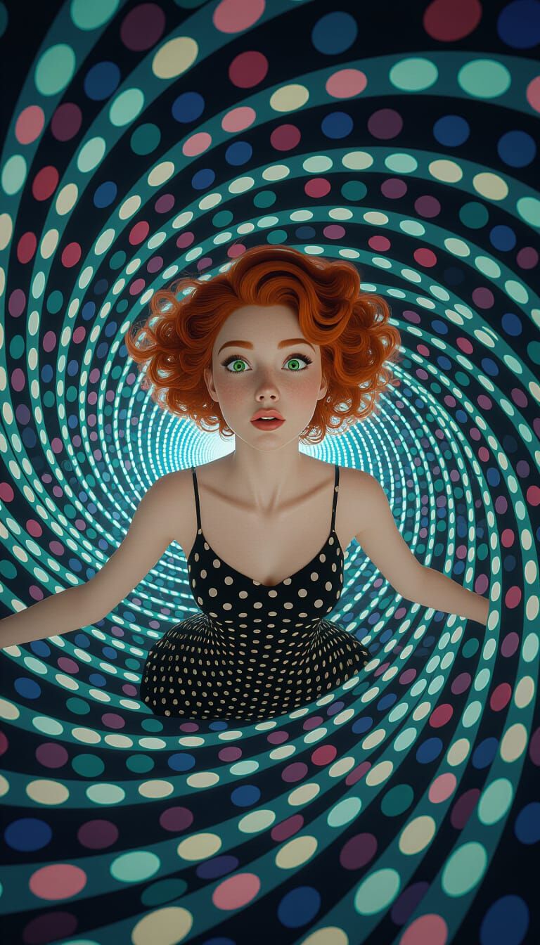 Red-Haired Woman in Polka Dot Vortex, Surreal Art