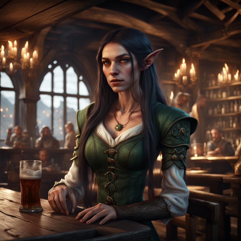 Female Elf in Tavern: Fantasy Concept Art