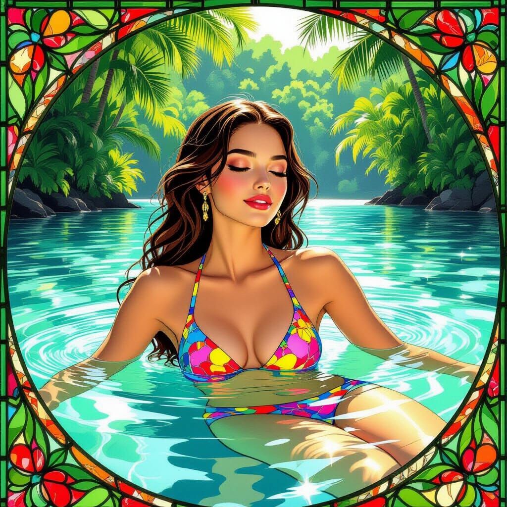 Woman Swimming in Stained Glass Style Art