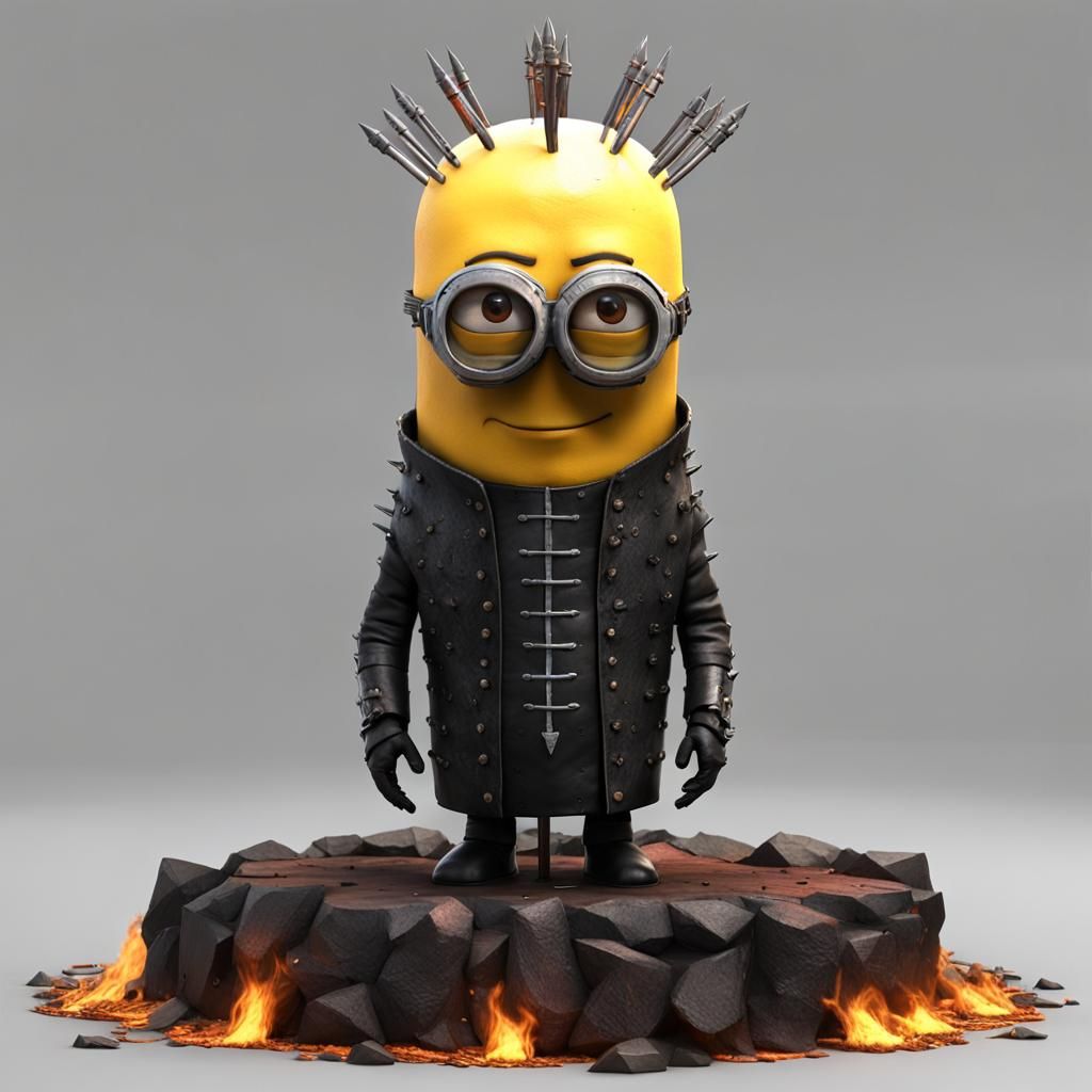 Minion Pinhead on Blade Throne: 3D Digital Art