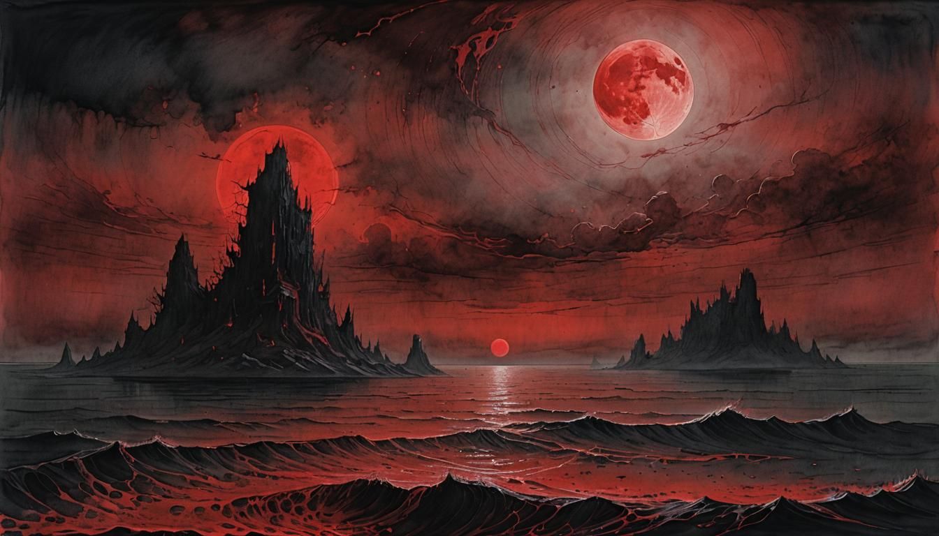 Sinister Crimson Moon Over Blood Ocean