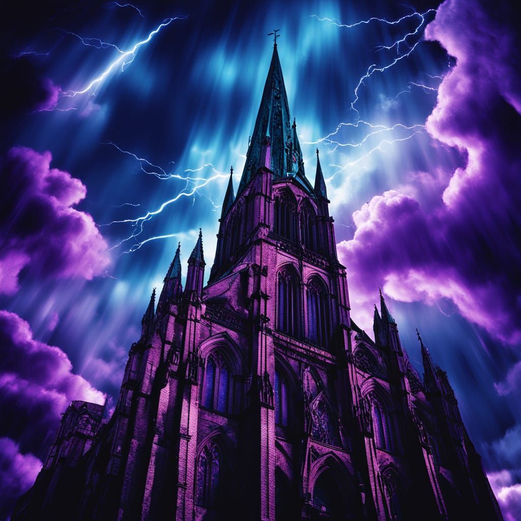 Gothic Cathedral Spire in Electric Storm, Surreal Mixed Medi...
