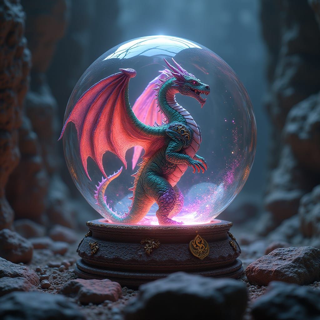 Gothic Dragon Radiates Rainbow Aura Within Transparent Orb