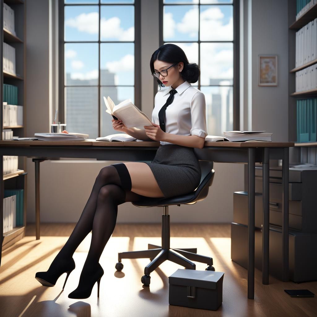Secretary in Office Reading Files: 3D Render