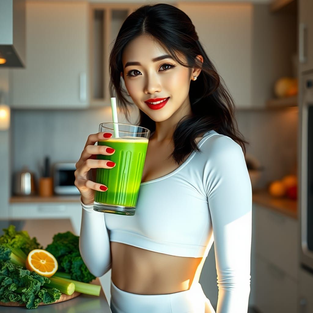 Beautiful Woman with Smoothie in Modern Kitchen