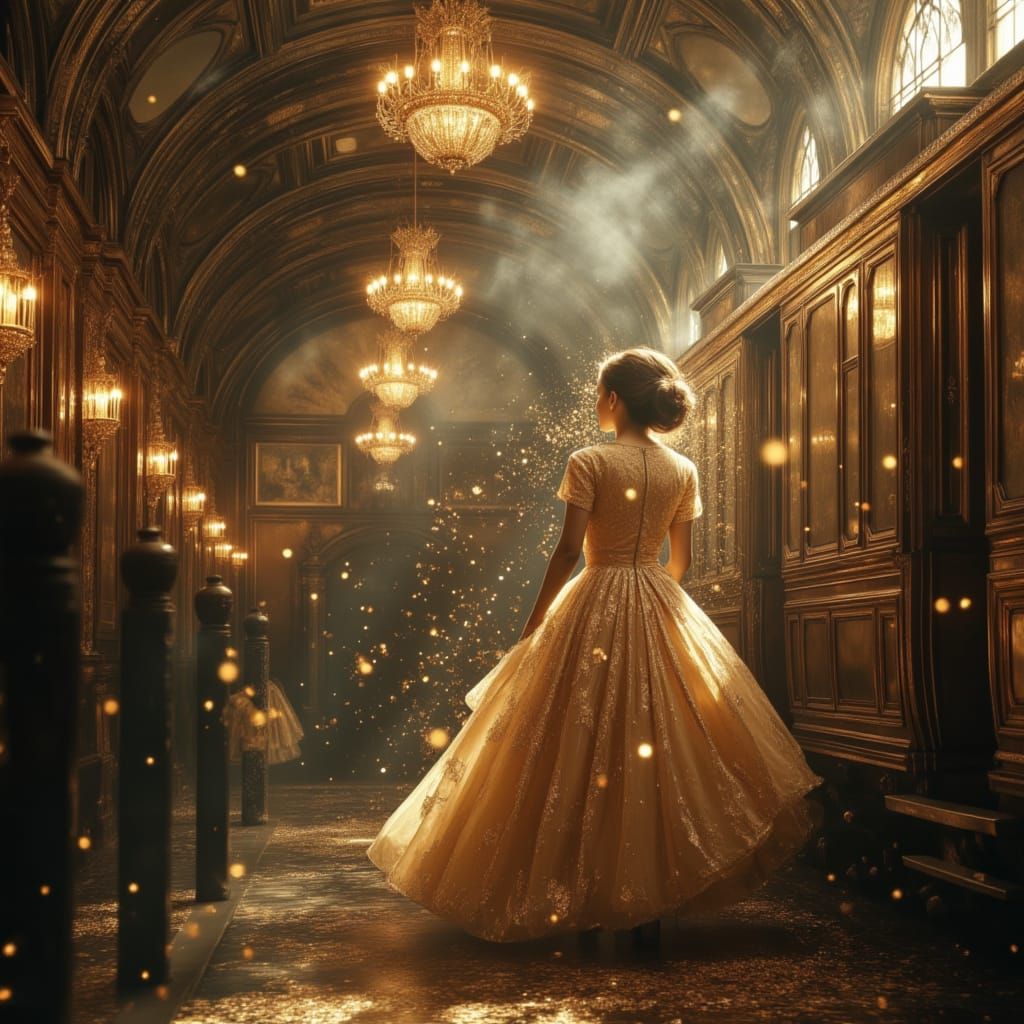 Woman Steps Off Train Amidst Dreamlike Steam and Confetti