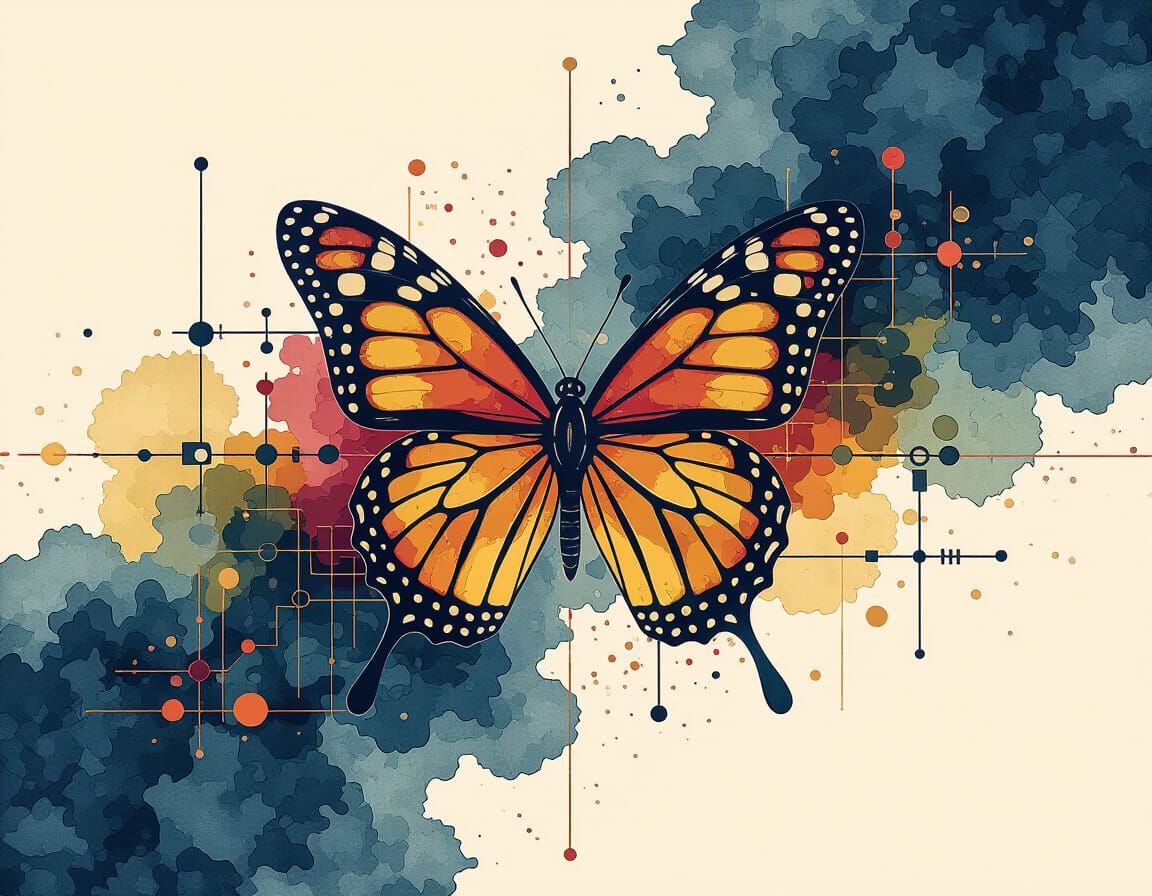 Glitchcore Butterfly Circuit Diagram in Avant-Garde Style