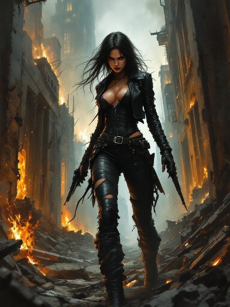 Vigilante Emerges from Ruins in Hyperrealistic Style