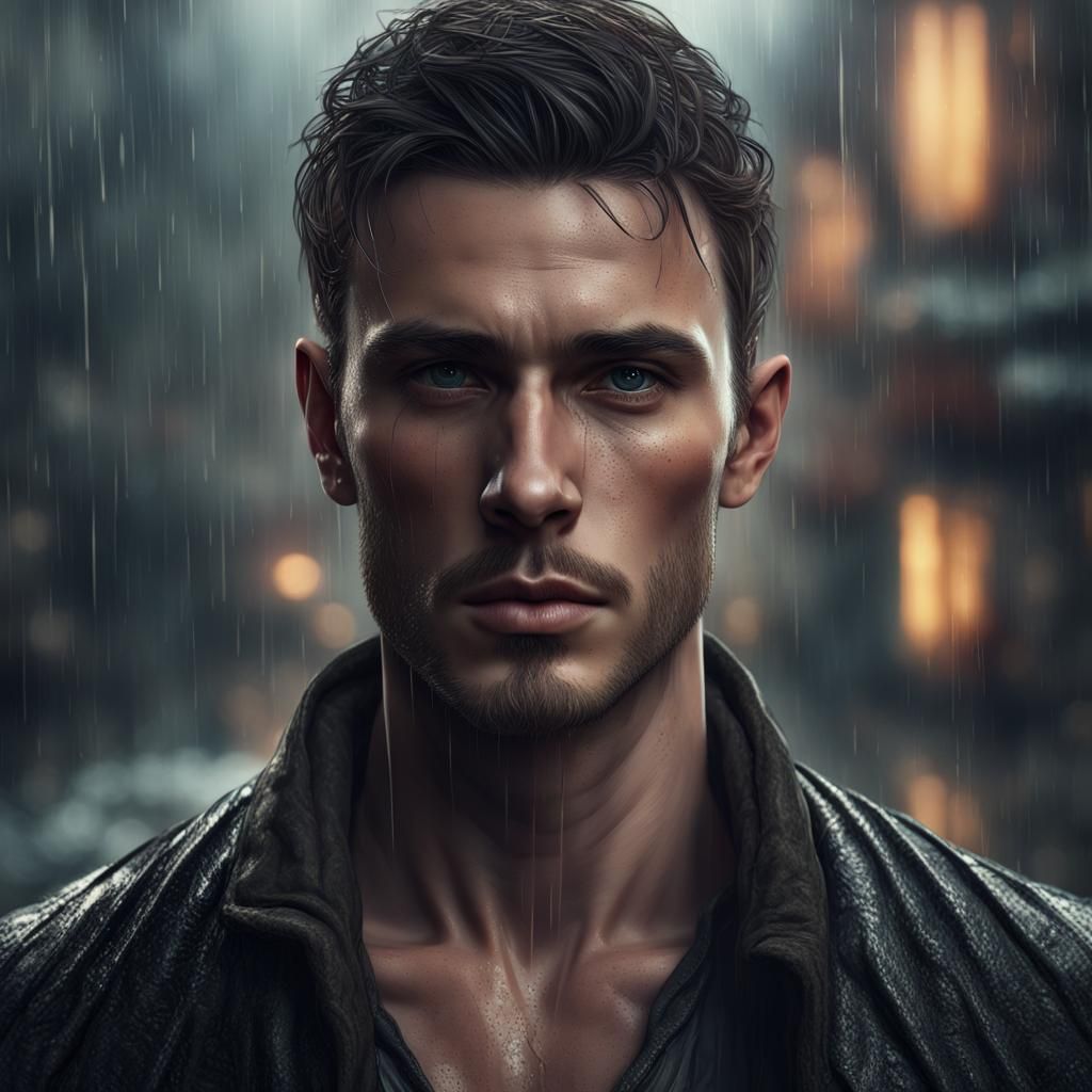 Expressive Portrait of Brunette Man in Rain, Detailed Matte ...