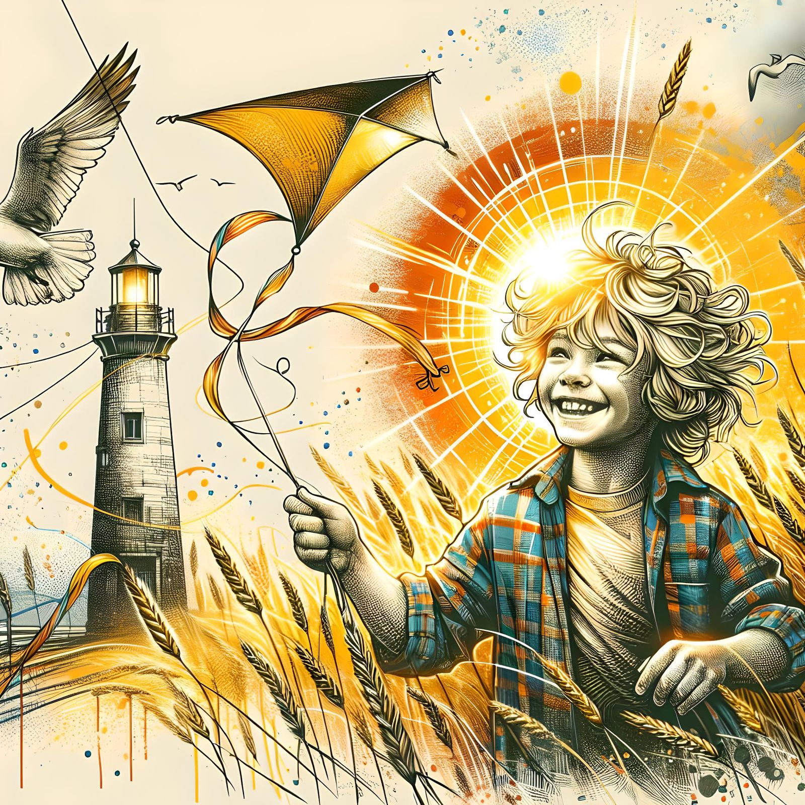 Joyful Boy Flying Kite: Ink and Realism Fusion