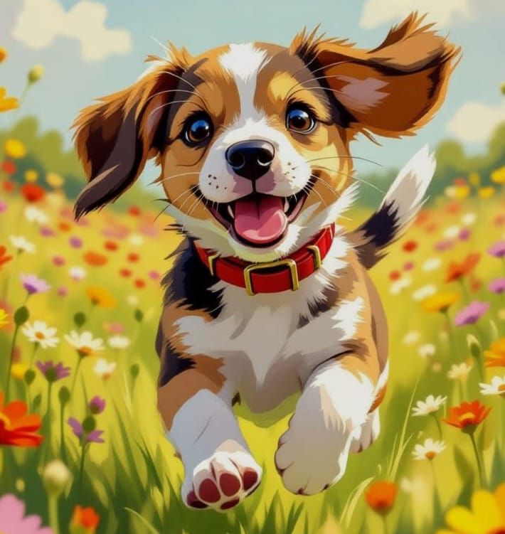 Joyful Beagle Puppy Runs in Vibrant Wildflower Field