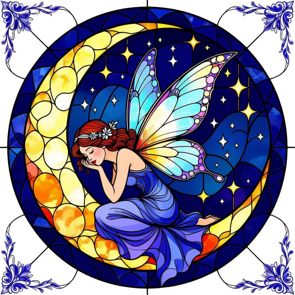 Sleeping Fairy on Crescent Moon in Stained Glass Art
