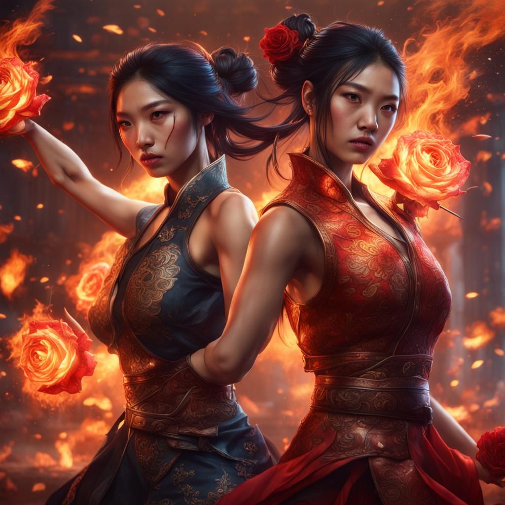 Asian Women Fighting: A Fantastical Digital Painting
