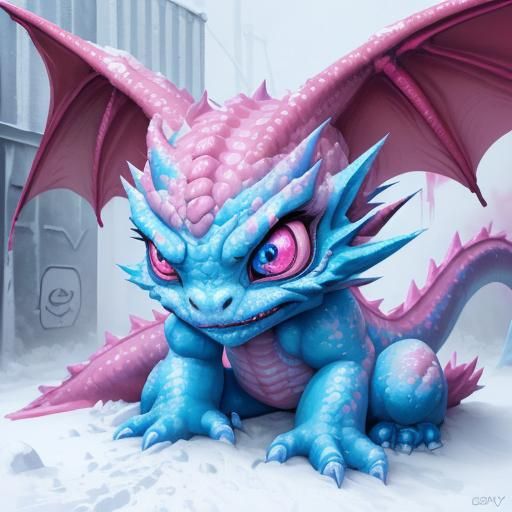 Lost Pink Dragon in Snowy Graffiti Art
