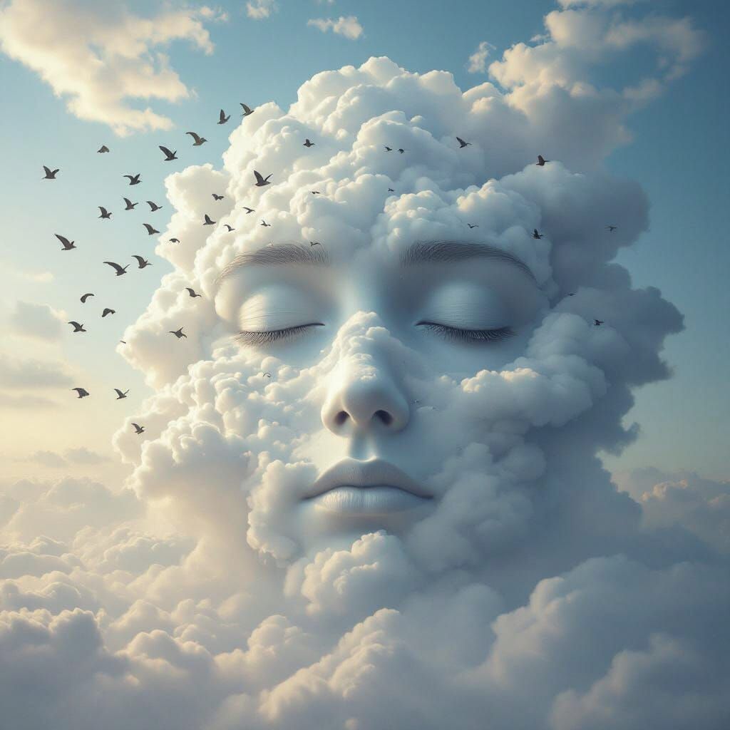 Giant Cloud Face with Bird Flocks in Dreamlike Sky