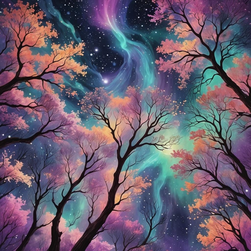 Vibrant Cosmic Sky with Aurora Borealis Colors